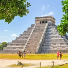 tour group at Chichen Itza Mexico viewing El Castillo Temple of Kukulcan