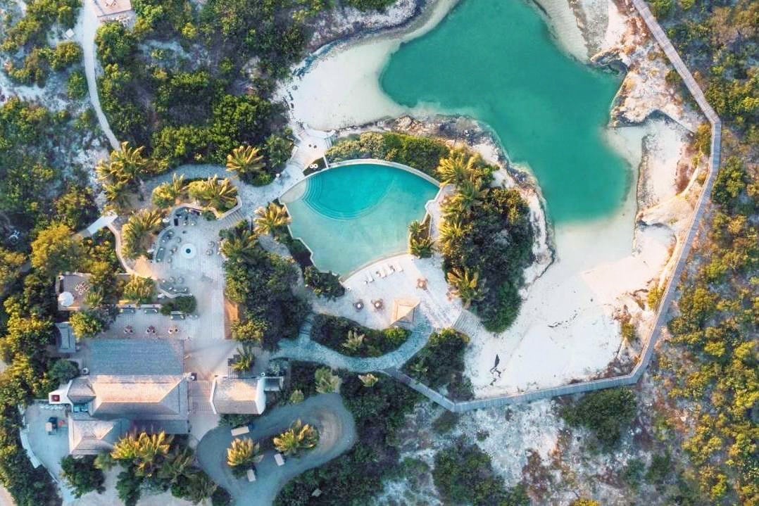 aerial view of resort pool and lagoon