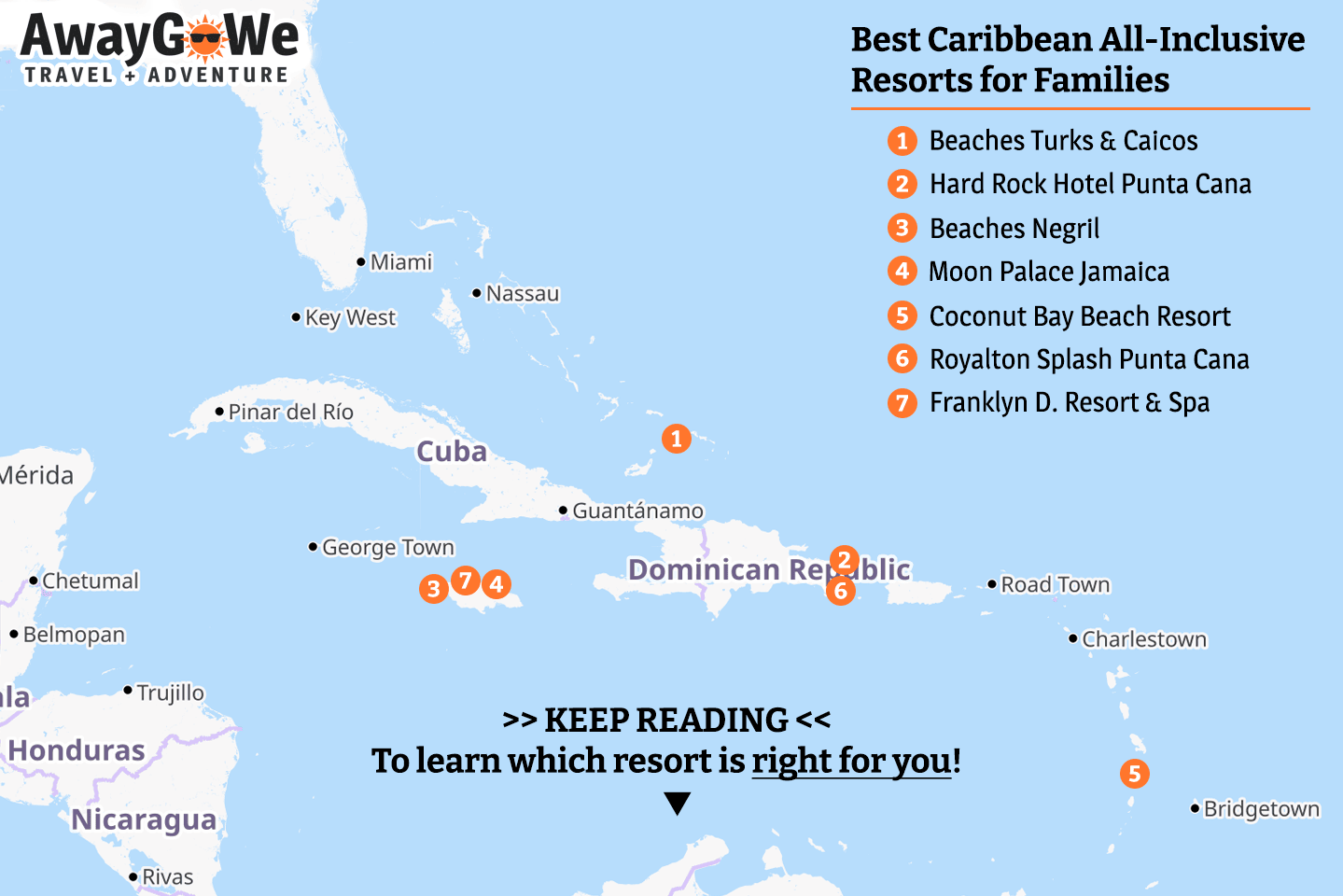 map of the best family-friendly all-inclusive resorts in the Caribbean