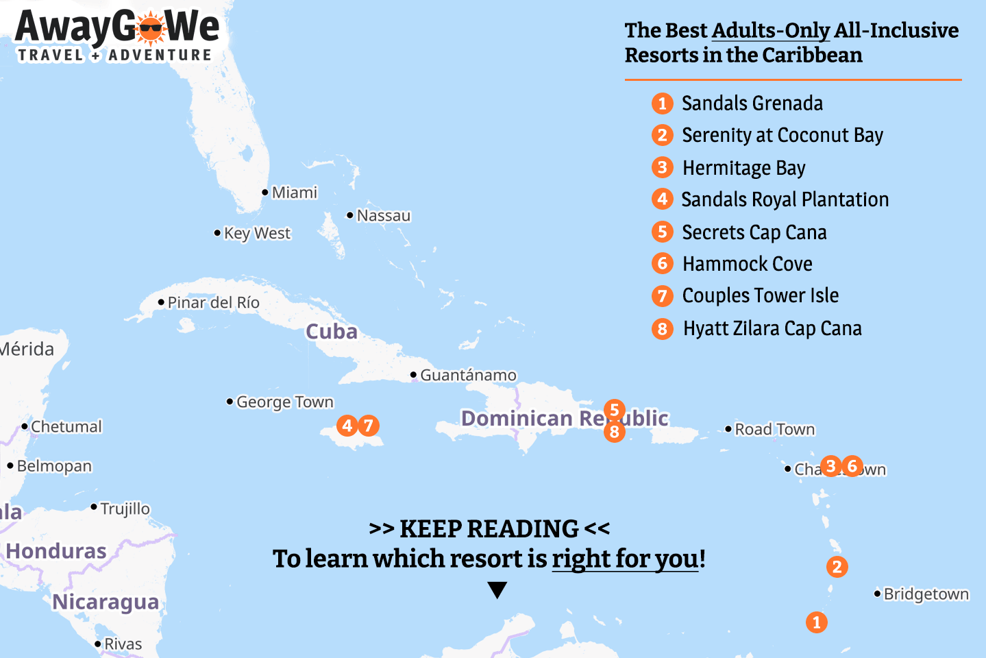 map of the best adults-only all-inclusive Caribbean resorts