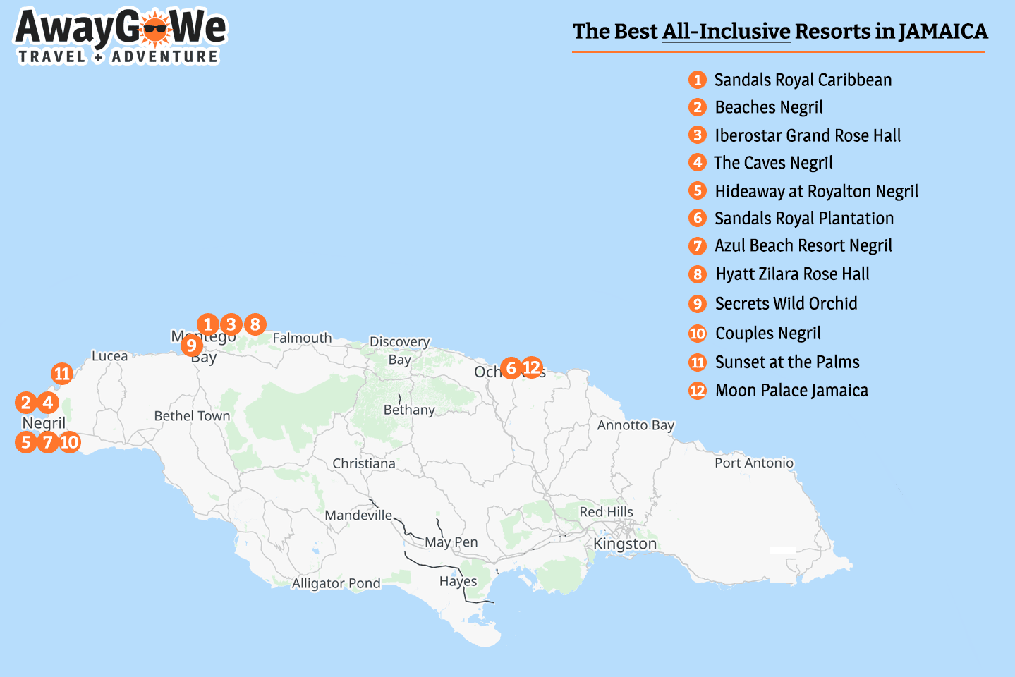 map of the best all-inclusive resorts in Jamaica