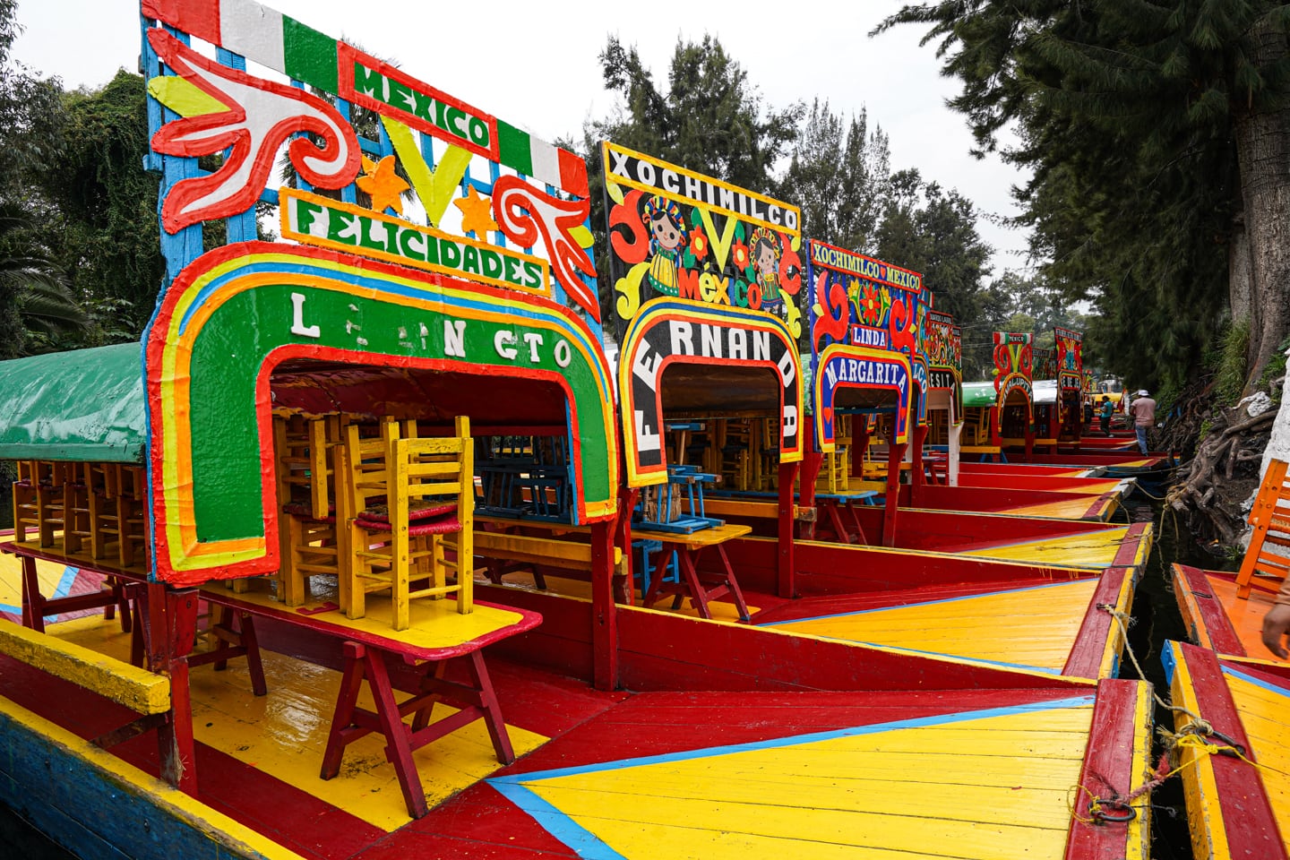 colorful trajineras on canals in Mexico City