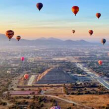 hot air balloons over Teotihuacan pyramid near Mexico City